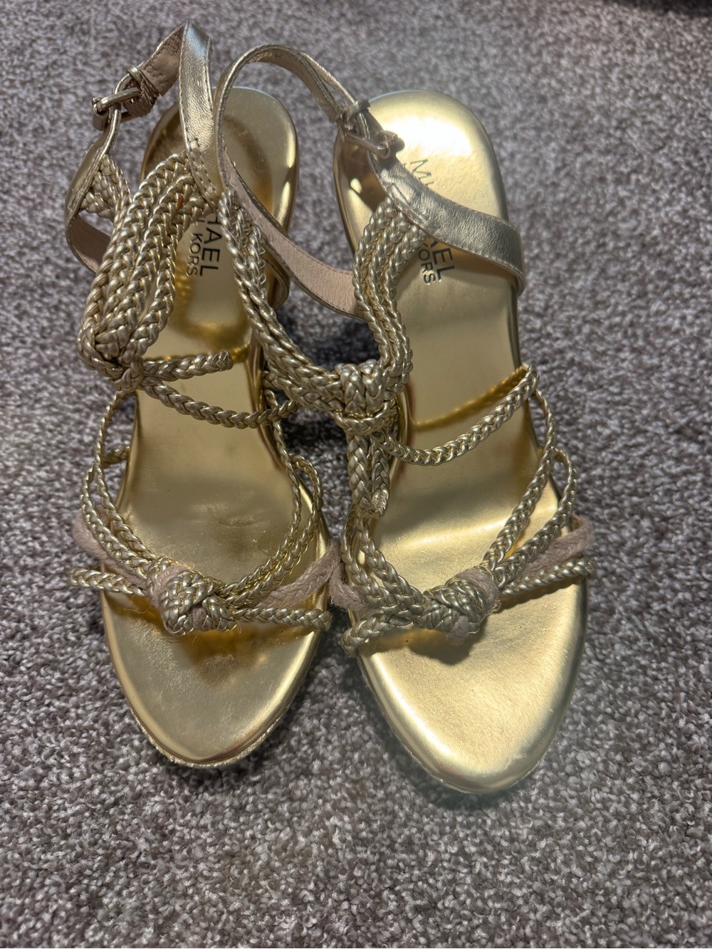 Michael Kors Metallic Gold Braided T-Strap Sandals Size 37